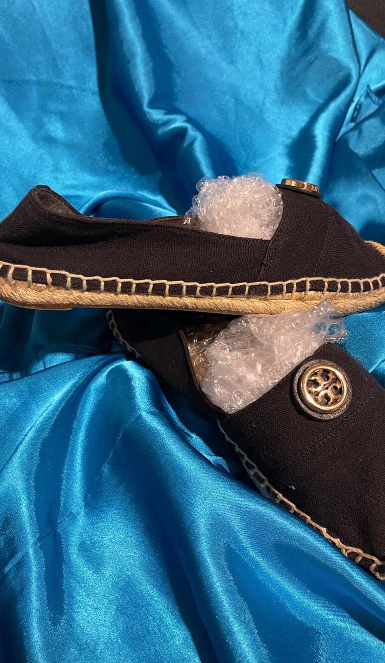 Tory Burch Black Canvas Espadrille Flat Shoes with Logo Emblem